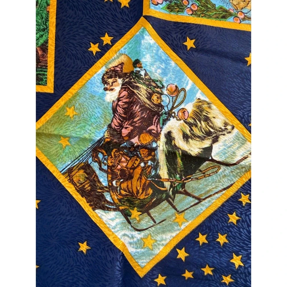 Vintage Peacock Silk Trading Co Santa Christmas Lg Square Scarf Navy Red Retro